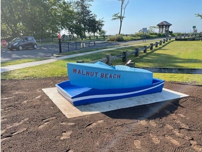 This boat, now a public art display located at Viscount Drive and Broadway, near the Walnut Beach parking lot, was part of a Children's ride at the old Walnut Beach Amusement Park. A second boat sits at Broadway and Joy Road, across from the beach.