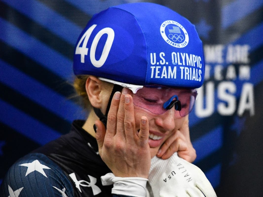 Fairfield native Kristen Santos wipes away tears after winning the Women's 1500 meter final on Day 2 of the U.S. Short Track Speed Skating Olympic Trials at Utah Olympic Oval on December 18.