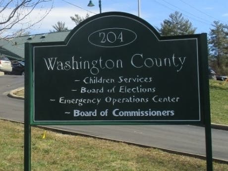 An image of the sign for the Washington County building that houses Children Services, the Board of Elections, the Emergency Operations Center, and the Board of Commissioners.