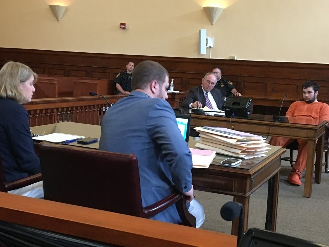 An image of (from left to right) Prosecutor Nicole Coil, Assistant Prosecutor David Silwani, Attorney Jack Blakeslee, and Defendant Nicholas John Francis Hall.