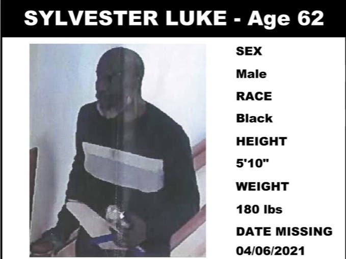 When last seen, Sylvester Luke was wearing a long sleeve, navy blue shirt with stripes, jeans and blue sneakers. 