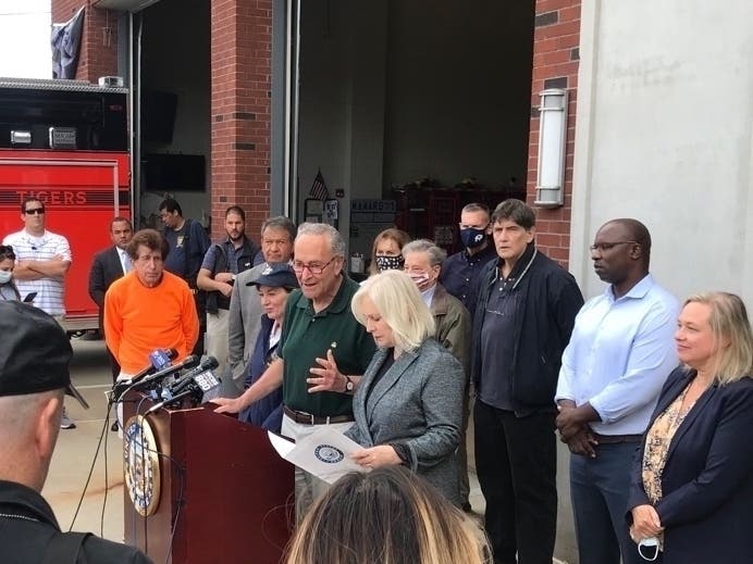 County Exec. Latimer, Gov. Hochul, Sen. Schumer, Sen. Gillibrand, Mayor Murphy and Rep. Bowman spoke after touring the devastation in Mamaroneck in September. 