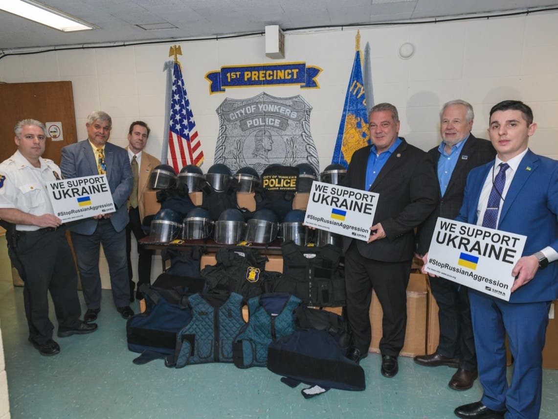 Yonkers Mayor Mike Spano joins Yonkers Police Department and members of the local Ukrainian community to donate police protective equipment to Ukraine.
