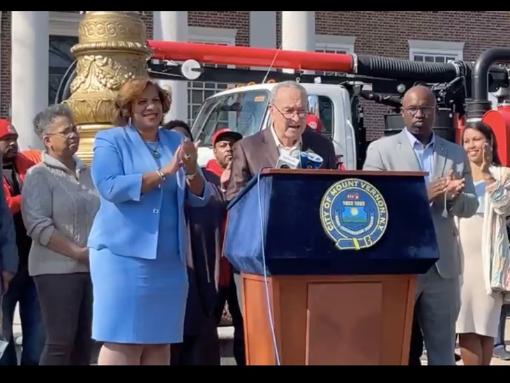 Senate Majority Leader Chuck Schumer, Rep. Jamaal Bowman and Mount Vernon Mayor Shawyn Patterson-Howard applauded today's announcement.  
