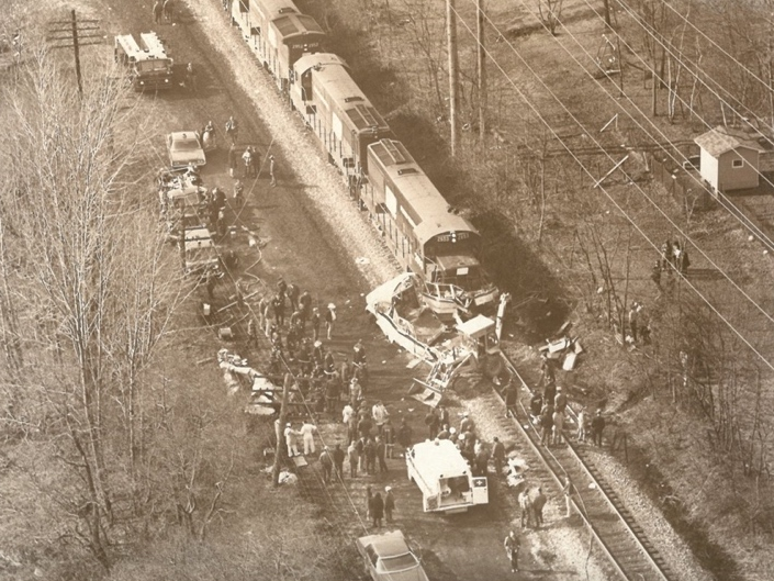 The bus broke in half. The front was impaled on the locomotive and pushed 1000 feet down the track from the intersection. 