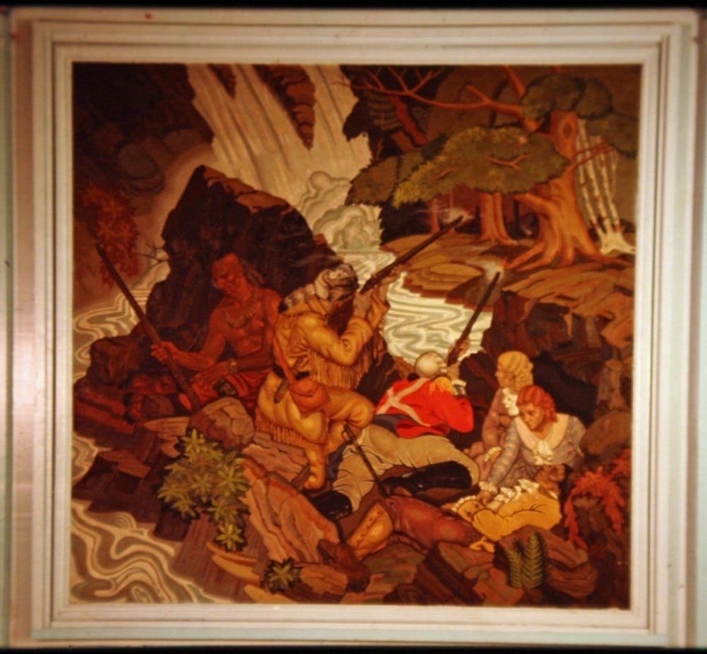 Outgunned and facing seemingly insurmountable odds, the Mamaroneck Historical Society has defended "The Defense of the Rock" from THE LAST OF THE MOHICANS, painted by Harold Thresher. Size: 8’x8.’ 
