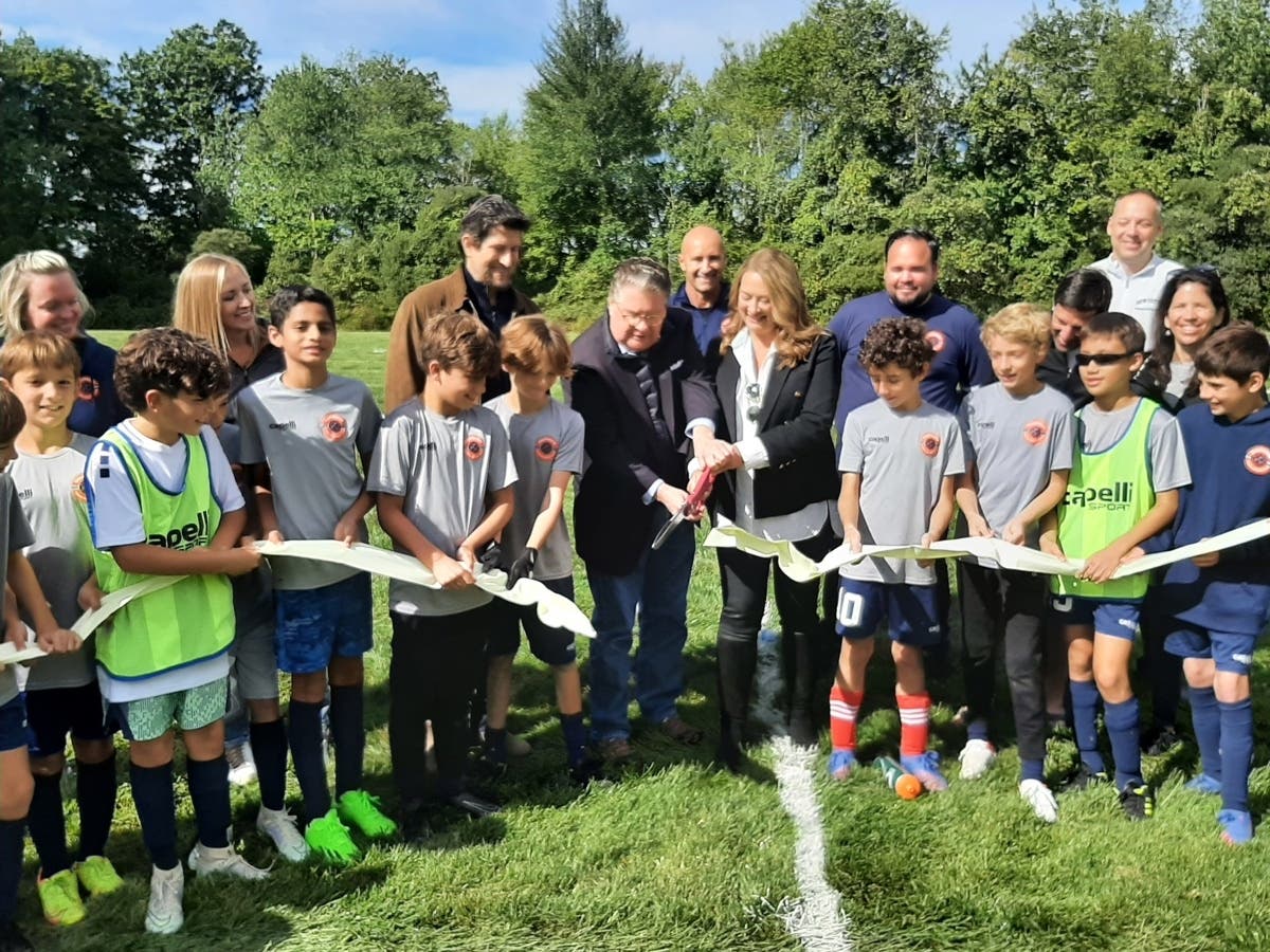 Sen. Pete Harckham with local officials and soccer players at the Town of New Castle’s Amsterdam Park.