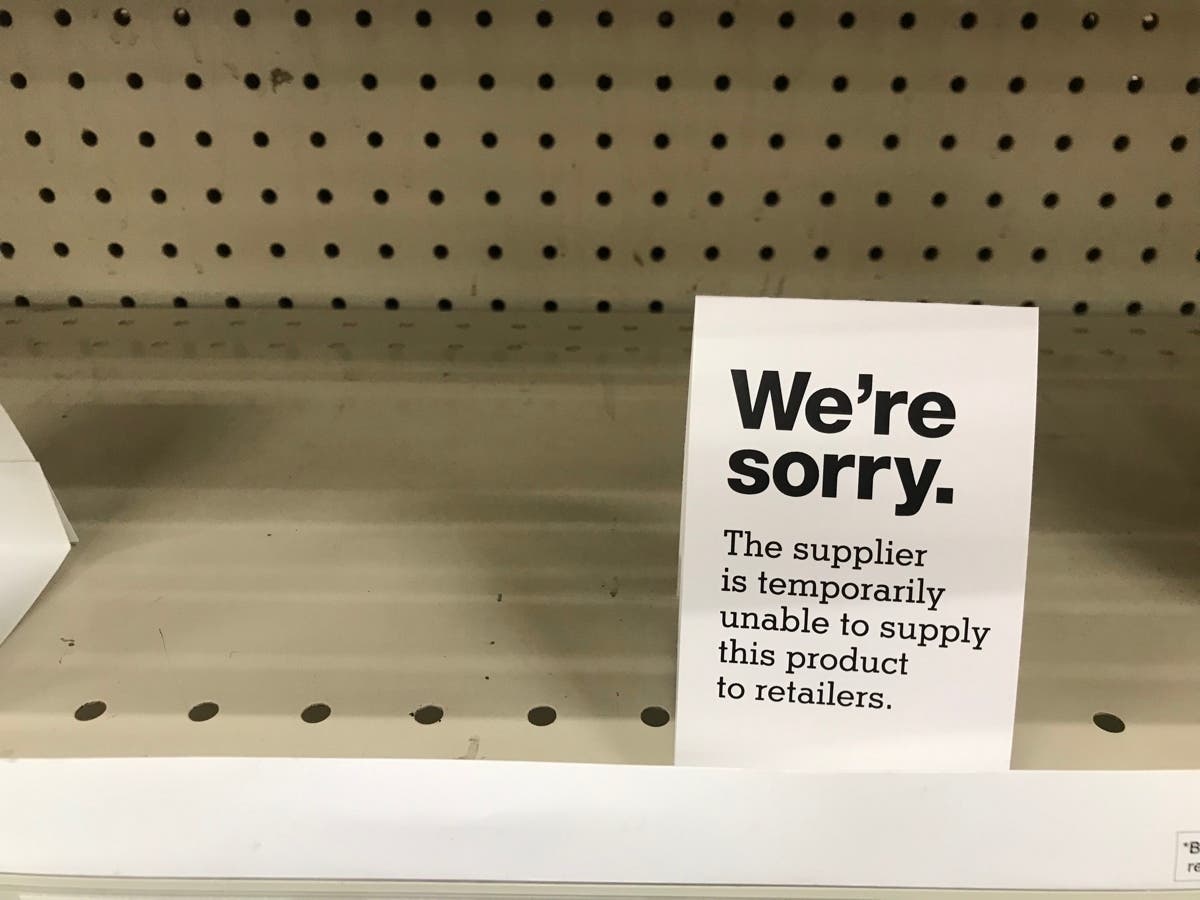 The sign on a shelf at CVS reads, "We're sorry. The supplier is temporarily unable to supply this product to retailers." 