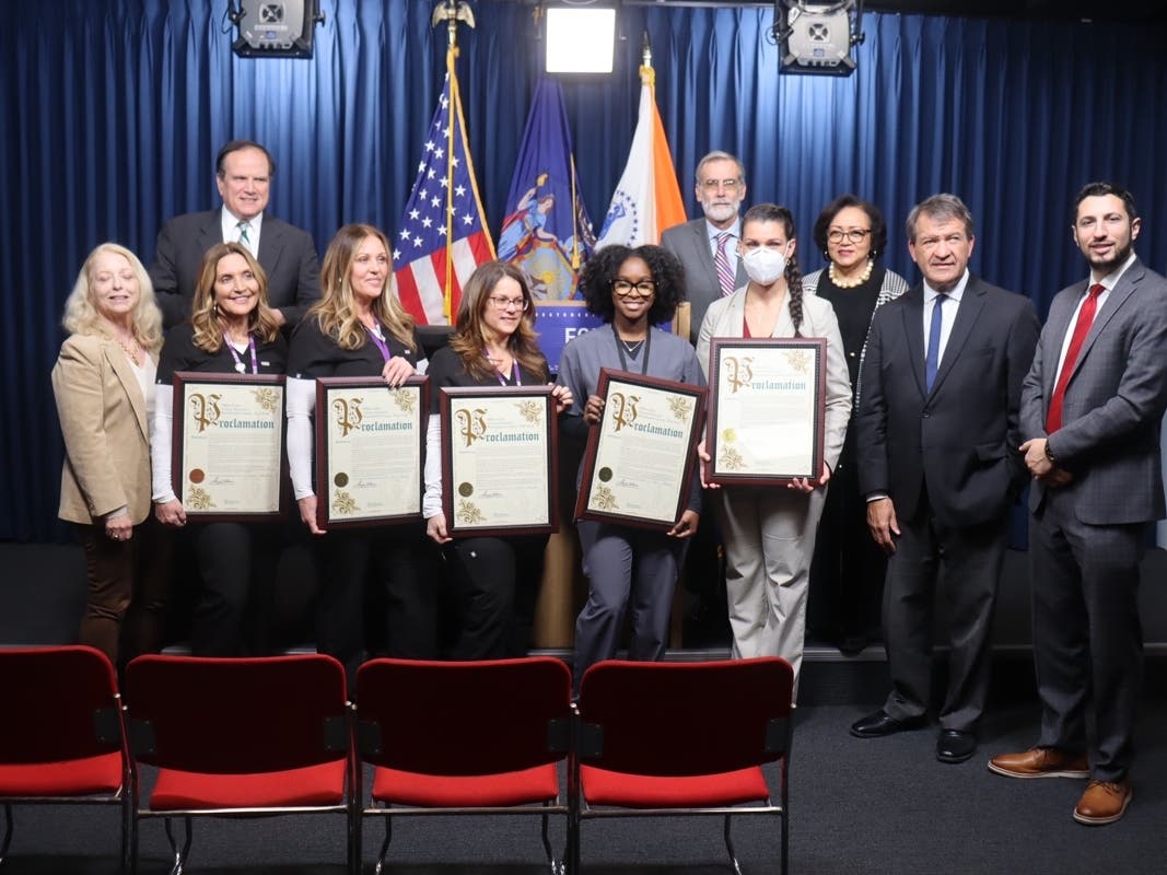 County Executive George Latimer and County Health Commissioner Sherlita Amler, MD officially recognized the medical staff who administered Narcan (naloxone) to a New Rochelle High School student last week.