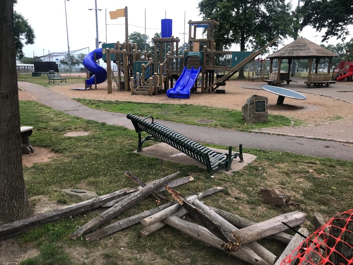 The playground sustained damage and was closed until staff were able to assess the damage and make repairs.