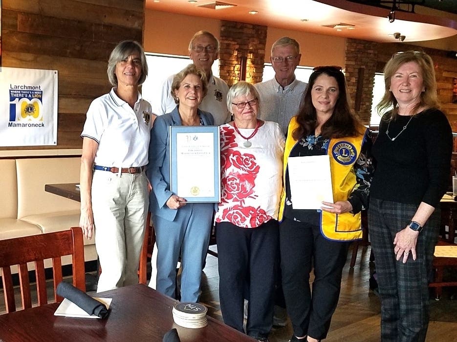 Back row LM Lions Phil Oldham & John Lyons/Front row: LM Lion Diane Oldham, NYS State Senator Shelley Mayer, LM Lion Carolyn Gallaher, LM Lion President Lina Pasquale, Larchmont Trustee Brigid Brennan. 