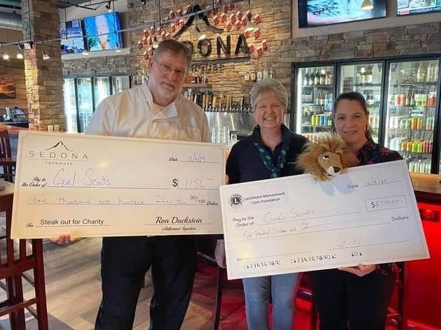 Sedona’s Bill Jablonski, Girl Scout Service Unit Manager Pat Allen, LM Lion President and Girl Scout Troop Leader Lina Pasquale. 