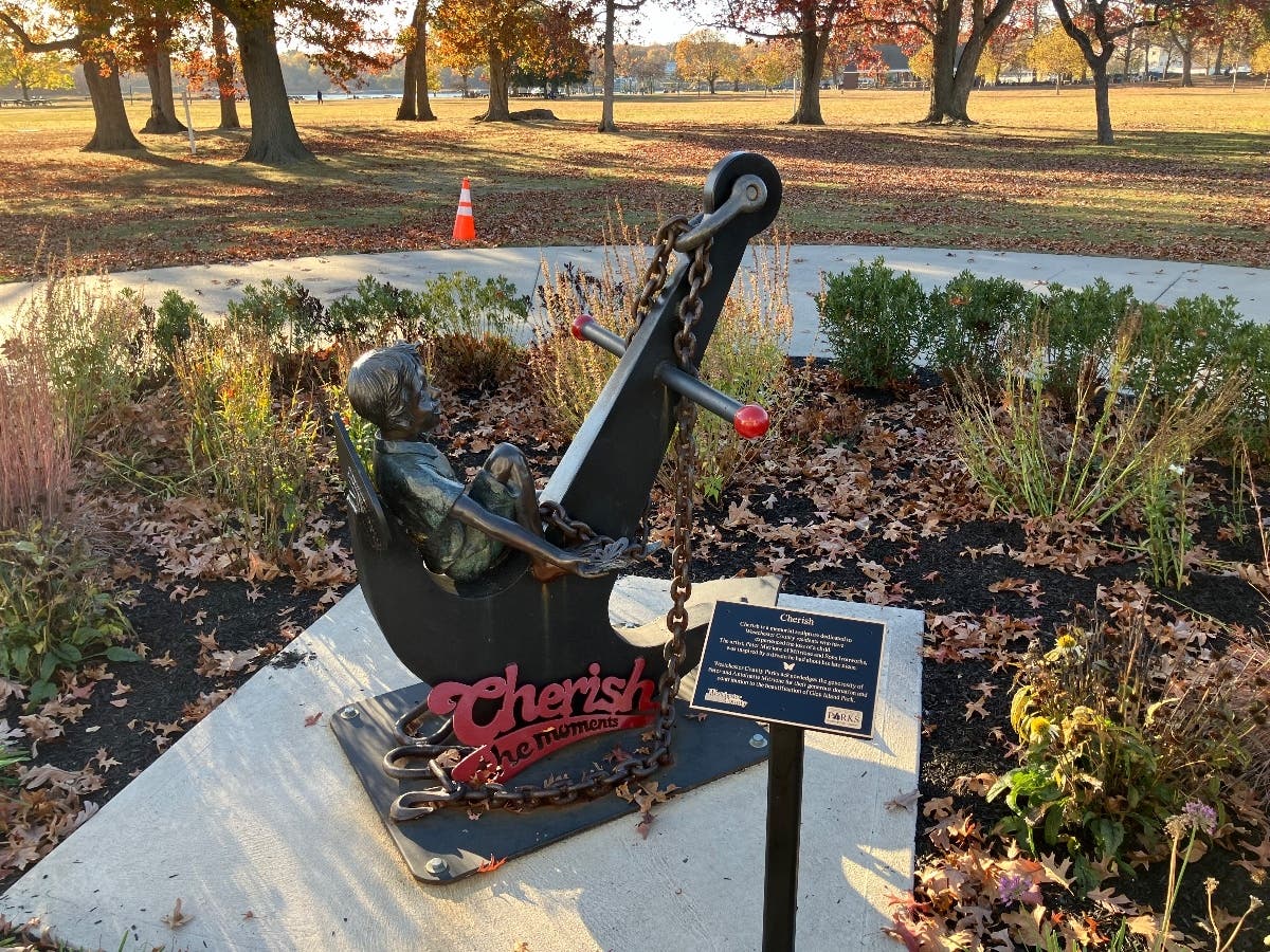 "Cherish" was created by Peter Mitrione of Mitrione and Sons Ironworks and donated to the county by Peter and his wife, Antoinette.