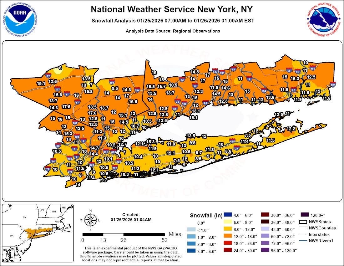 Some areas near the coast got more ice and sleet, lowering the total snow accumulation. 