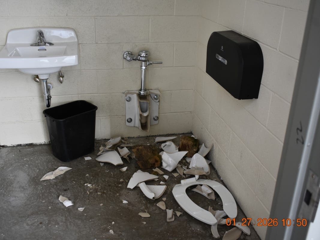 The boy and girl were arrested on Thursday after causing over $1,400 of damage to the bathroom of the Lewis DiStasi Pavilion, according to cops.