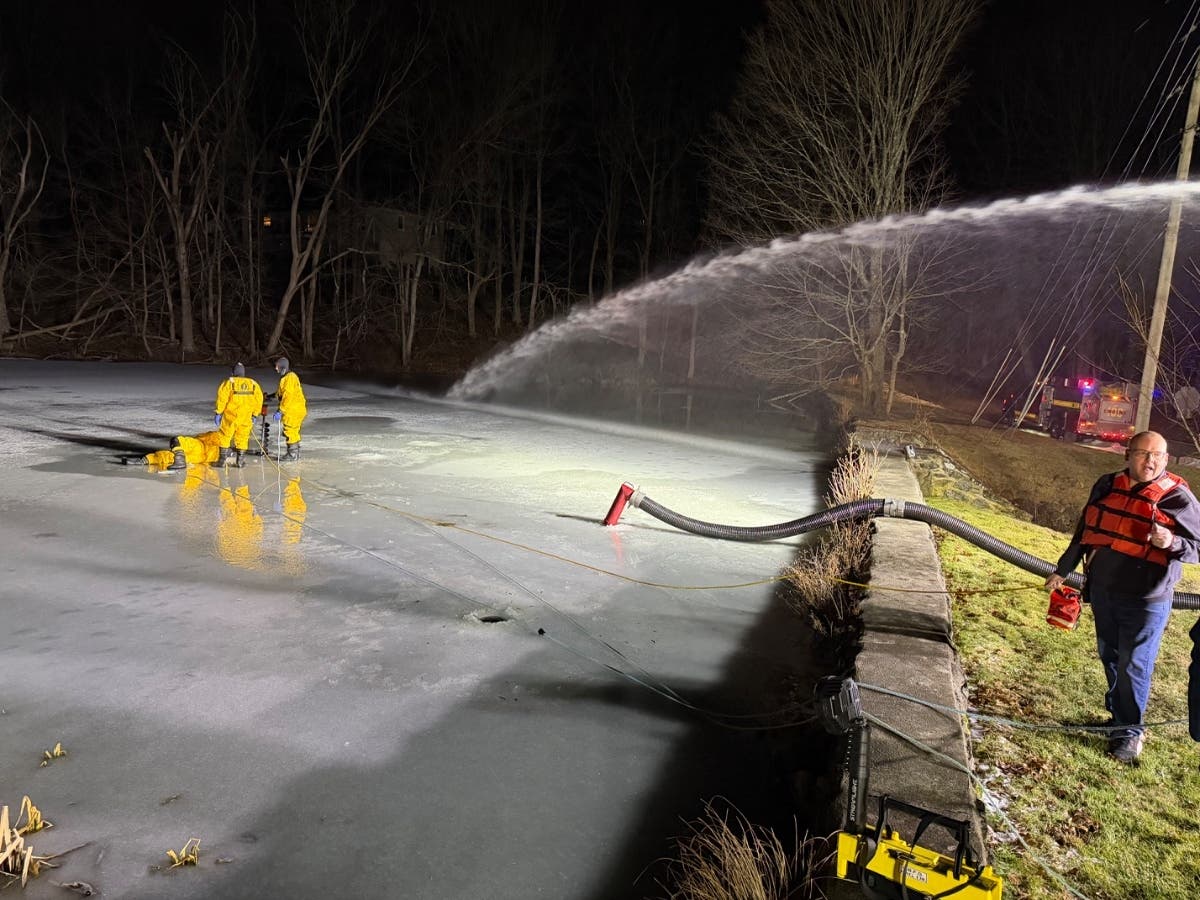 Golden's Bridge firefighters trained in the operation of new battery-operated ice augers, high-tech equipment used to drill holes in frozen surfaces of ponds and lakes so that water can be drafted by a hard-suction drafting hose into a fire engine.
