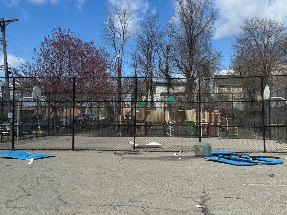 A destroyed portable toilet was discovered in Bregano Park in Yonkers.