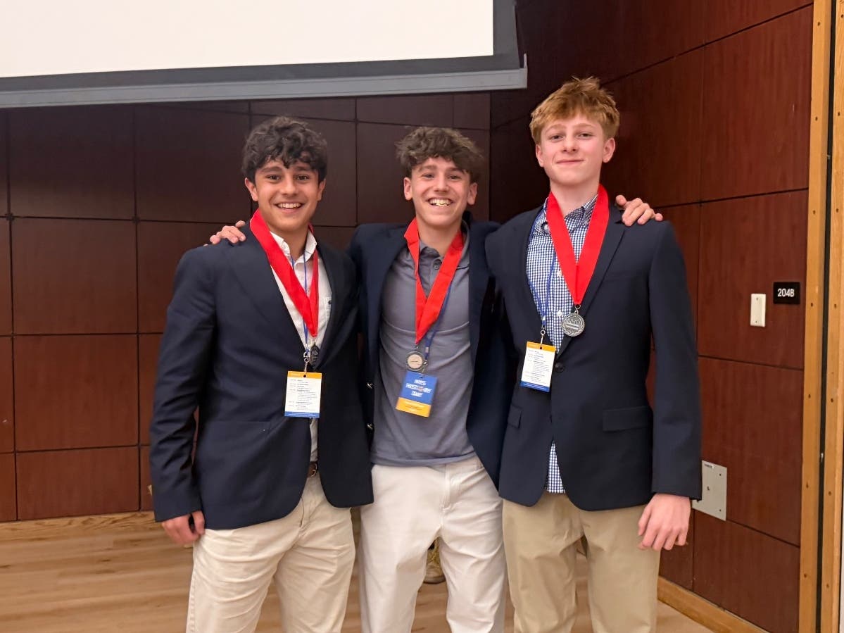Bronxville High School students Gabe Hanjis, Leo Cipriani and Wilhelm Klose earned second place, qualifying to represent Bronxville at the national level. 
