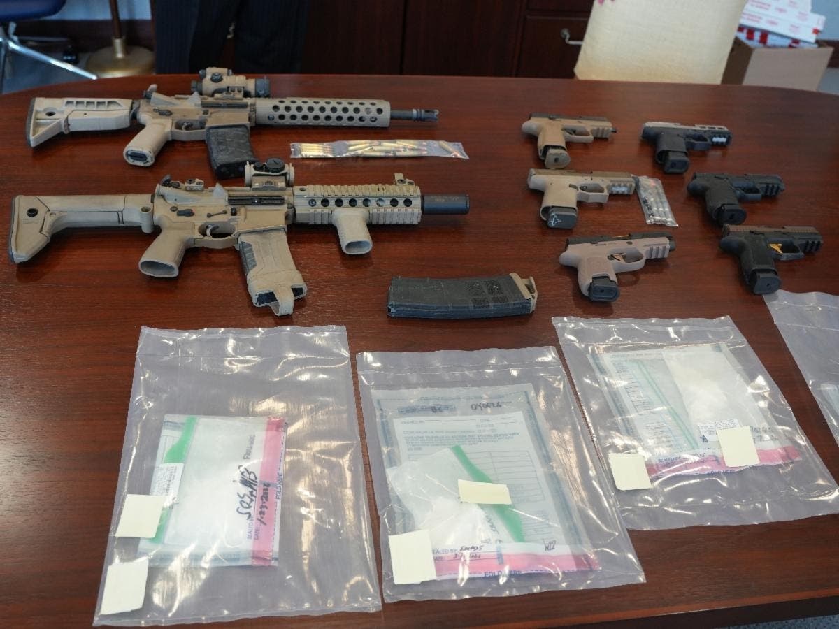District Attorney Susan Cacace announced the seizure of 22 ghost guns (including 2 assault-style rifles), 3 serialized firearms, multiple large-capacity magazines, and 6 oz. of cocaine in the sting.