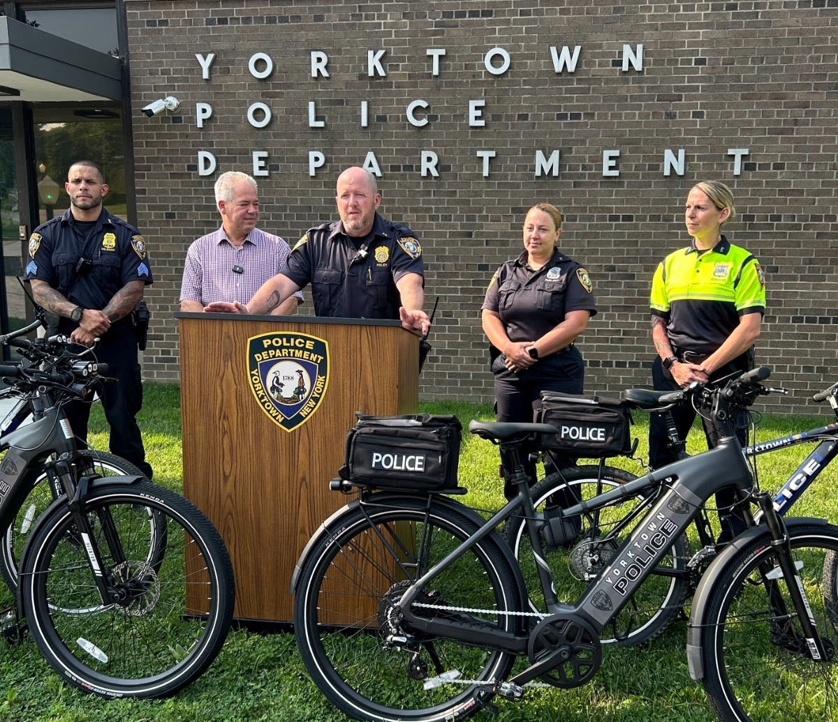 Yorktown Police Chief Justin Foley discusses the department’s new bike unit on July 15, 2026. Photo courtesy of the Town of Yorktown.