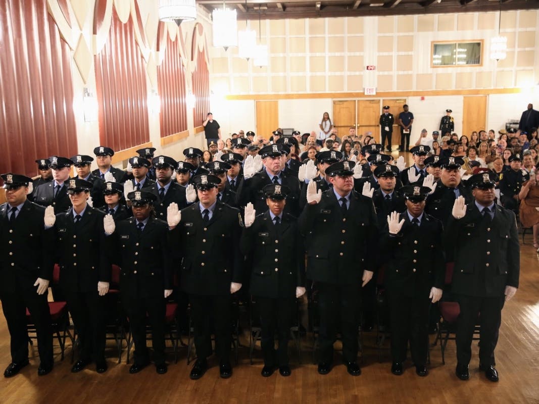 The ceremony was held at the Little Theater at the Westchester County Center and included an invocation and presentation of the colors by the department's Honor Guard, accompanied by the bagpipers and drummers of the Westchester County Emerald Society.