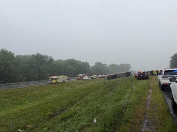 The New York State Police say that they are at the scene of a passenger bus rollover on the southbound New York State Thruway.
