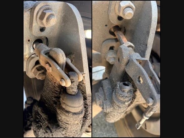 (Left) Properly connected brake actuator rod and slack adjuster assembly. (Right) Dislodged roller pin resulting in the actuator rod separating from the slack adjuster and becoming jammed, rendering the brake inoperative.