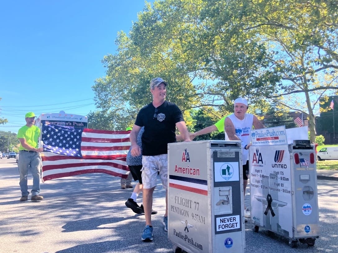 Veneto has already pushed his airline beverage cart more than 750 miles along routes symbolizing the flight paths of the four aircraft hijacked on 9/11.