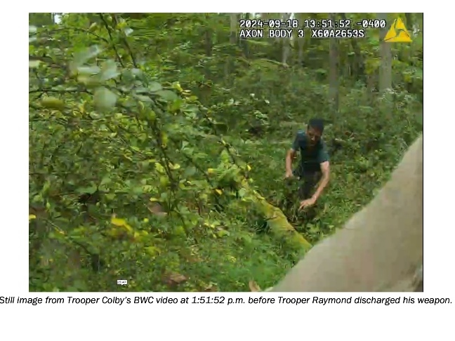 Still image from Trooper Colby’s BWC video at 1:51:52 p.m. before Trooper Raymond discharged his weapon.