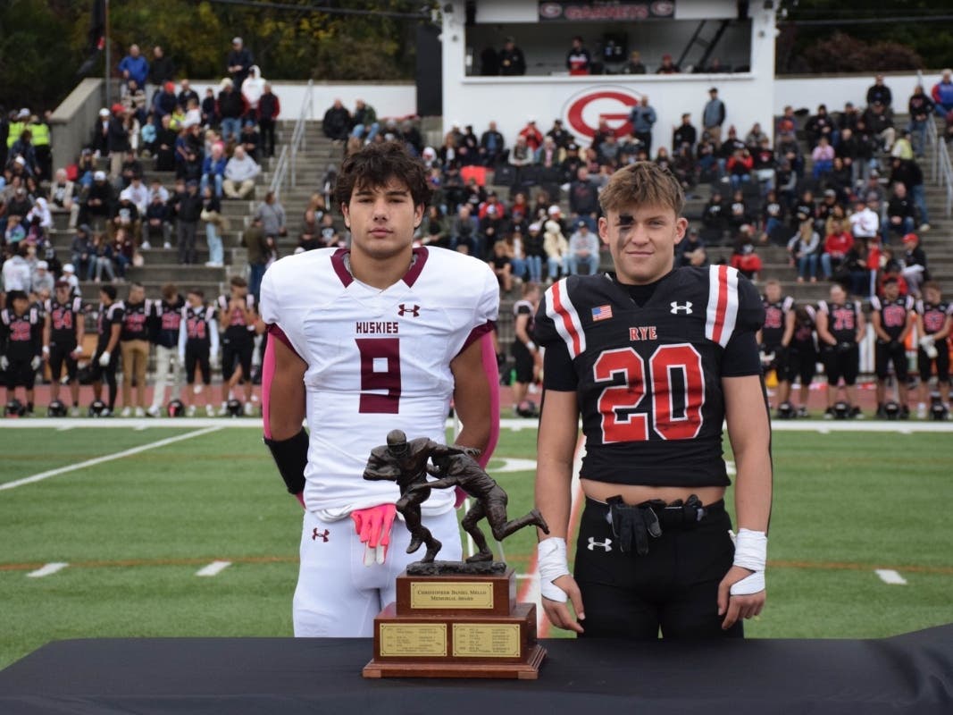 Rye High School senior Jagger Fenton and Harrison High School senior Jason Crupi received the 2026 Christopher Mello Award at Nugent Stadium on Oct. 17.