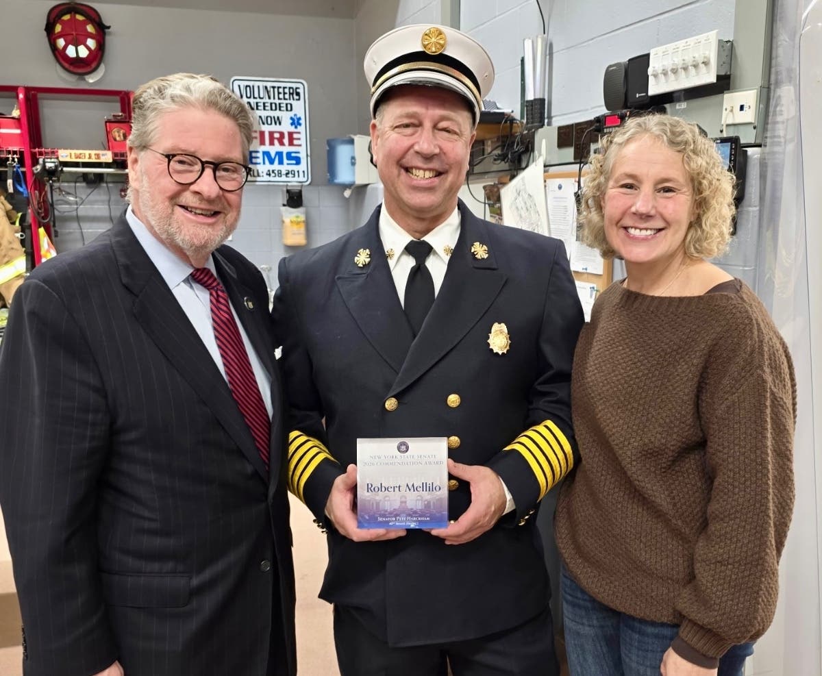State Sen. Pete Harckham with Deputy Chief Robert Melillo and his wife Melanie Melillo at the Goldens Bridge Fire Department