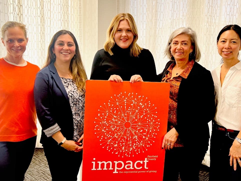 From L to R: Kristen Rosenbaum, Co-President of Impact FFC; Cara During, Director of Community Impact, CEE; Ann Rodwell-Lawton, COO, DVCC; Maryellen Frank, Co-Chair Events of Impact FFC; Jenny San Jose, Co-President of Impact FFC
