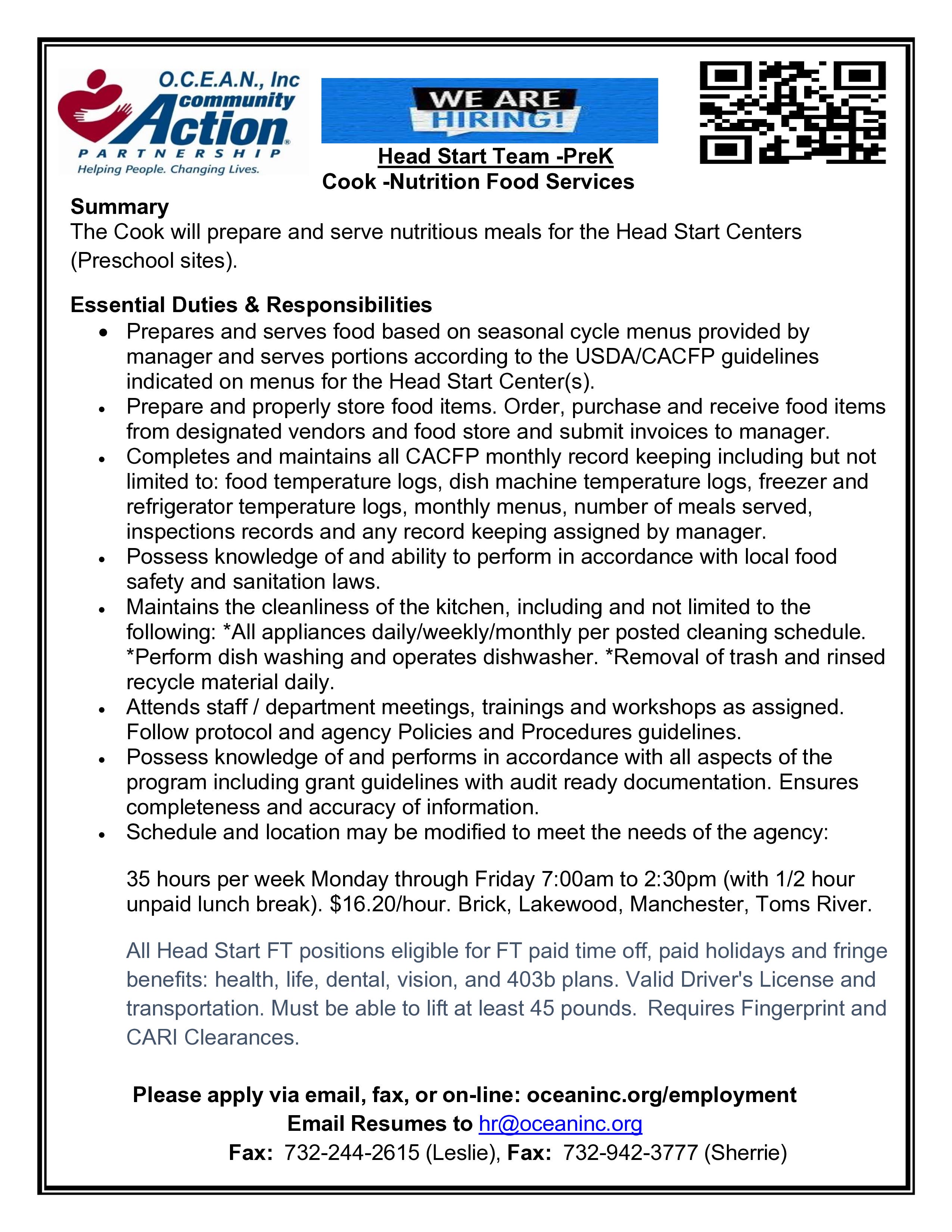 Hiring -Cook -Nutrition Food Services -Head Start Team -PreK - Toms ...