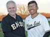 Plano resident and PESH Baseball alum (class of 1985) Tony Fay threw out the ceremonial First Pitch to 2019 PESH varsity catcher Fernando Florendo