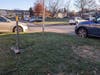 Residents leveled the lawn and ended the iron-cap tripping hazard (at right). The HOA has yet to address the remaining hazard, the sink hole (at left, with shoes and warning post) on Hummingbird Terrace. 