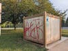Some of the vandalism at the park. The spray paint was quickly stripped from the wood. 