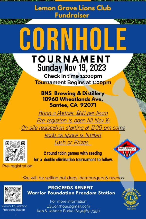 Nov 19 Lemon Grove Lions Club Fundraiser Cornhole Tournament Lemon