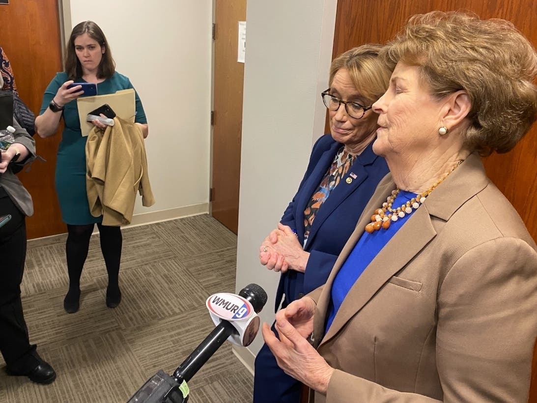 U.S. Sens. Jeanne Shaheen (right) and Maggie Hassan (second from right) answer questions from reporters during an event in Manchester in February 2025. This week, Shaheen and Hassan filed legislation to increase funding to address the opioid crisis.