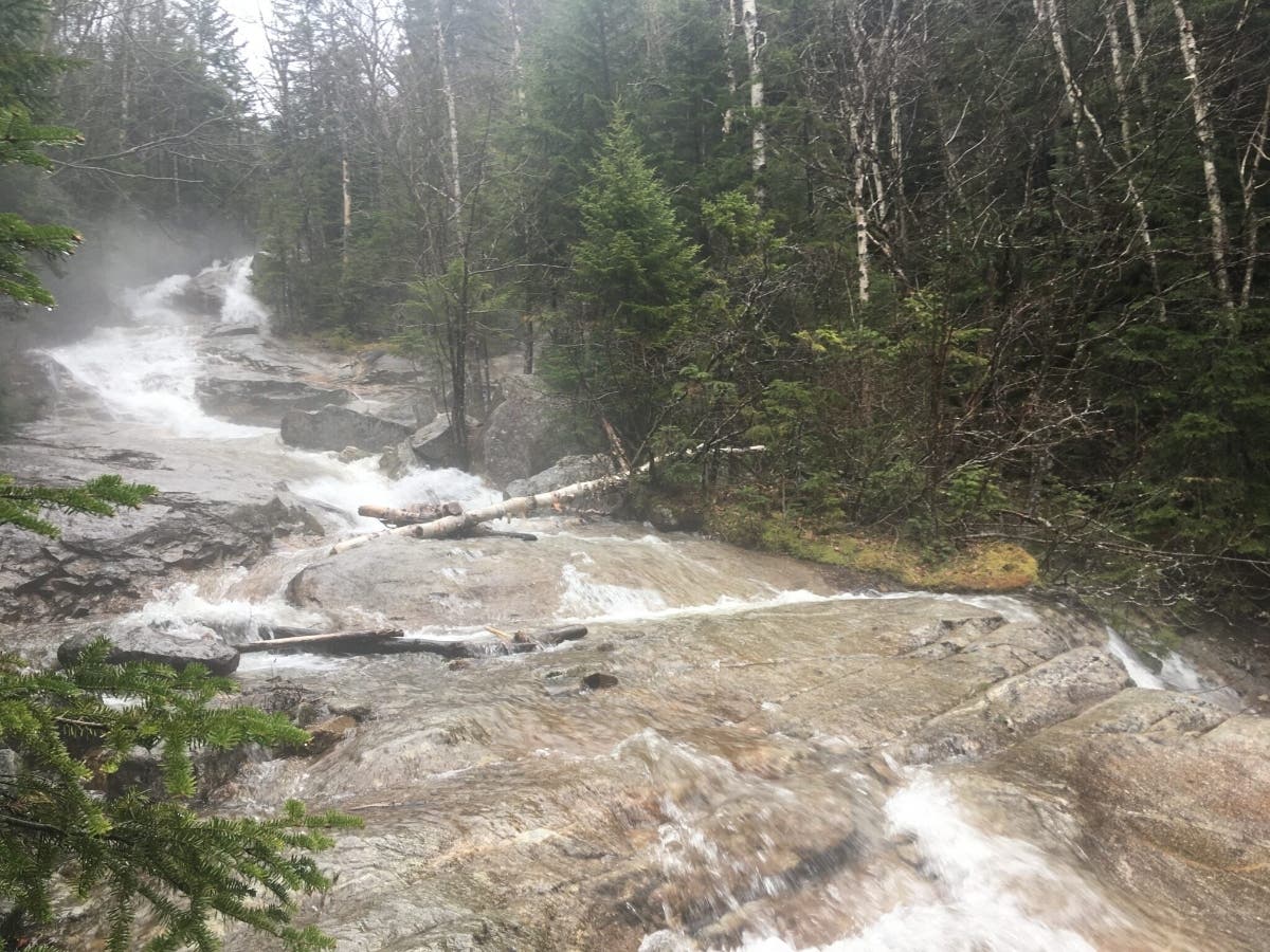 A water crossing on the Falling Waters trail leading to Franconia Ridge, during a “freshet,” or spring runoff event, May 14, 2022.
