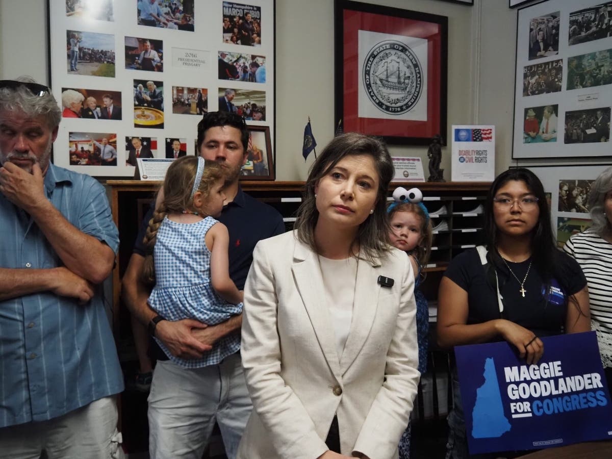 U.S. Rep. Maggie Goodlander speaks to reporters in the New Hampshire Secretary of State’s Office on June 12, 2026. 
