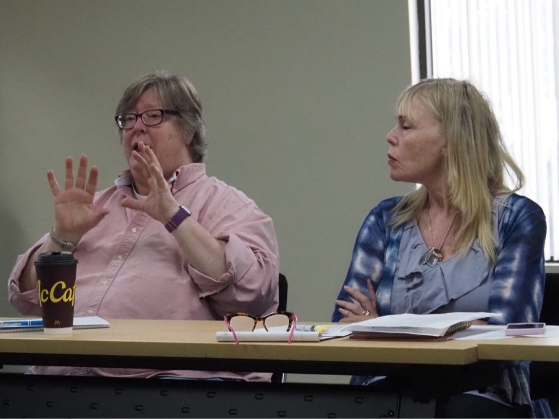 Gina Cannon (left), a member of the System Review Committee, expounds on her thoughts about the committee’s recommendations as the panel works to finalize them. At right is Karen Hatch, another committee member and the mother of someone with disabilities.