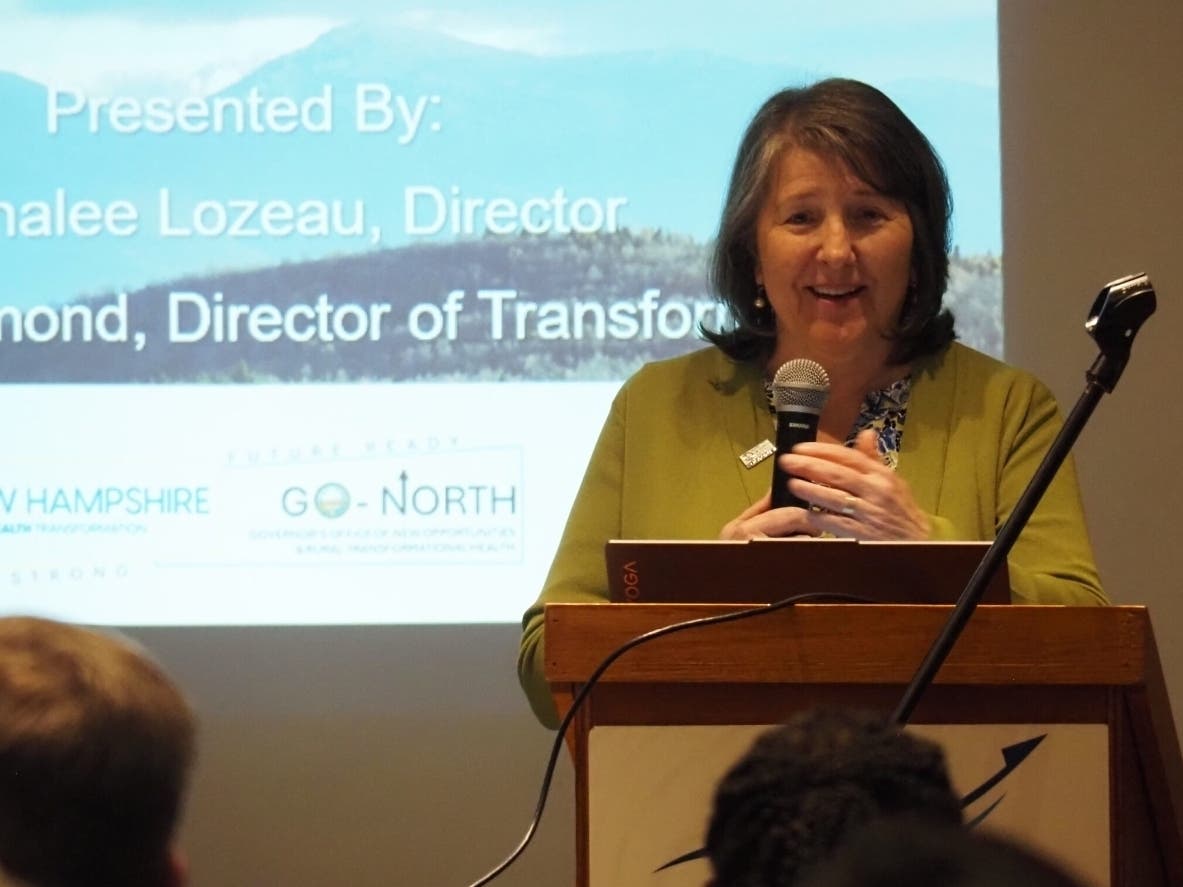 Donnalee Lozeau, GO-NORTH director, speaks to the New Hampshire Public Health Association at the McAuliffe-Shepard Discovery Center in Concord on April 23.
