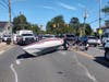 A boat overturned on Merrick Road Tuesday afternoon. 