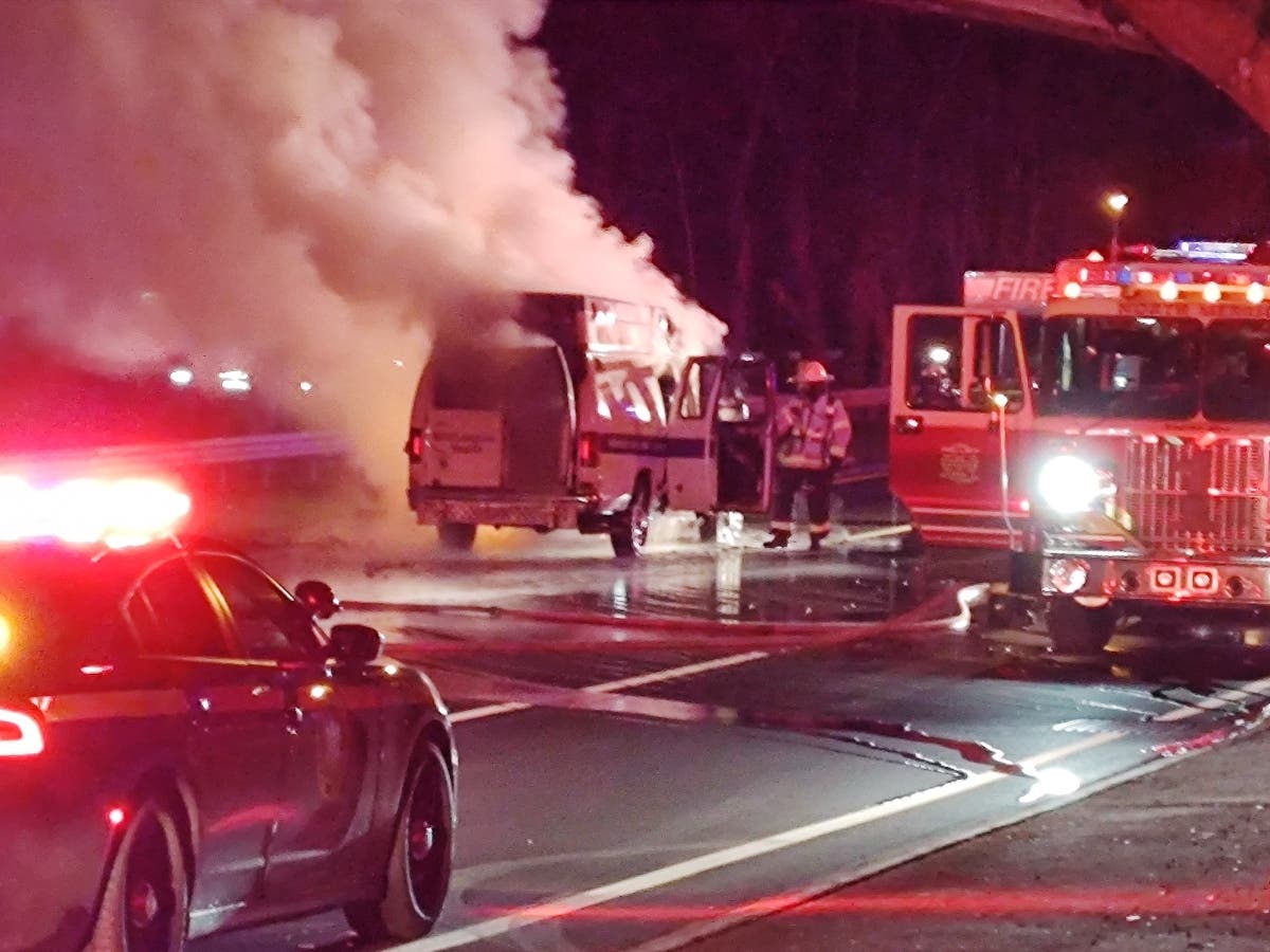 An ambulance caught fire Tuesday night on the Southern State Parkway, police said. 