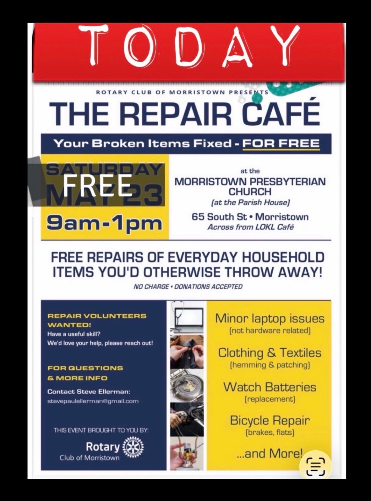 Repair Cafe .. FREE FIXITs  c/o Morristown Rotary 