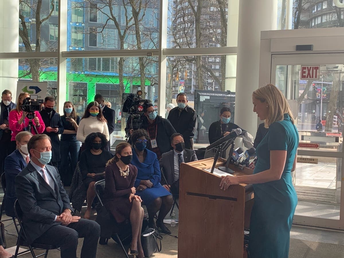 Mayor Caroline Simmons after she was sworn-in on Wednesday at the Stamford Government Center.
