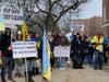 A portion of the about 200 people who gathered for a rally at Greenwich Town Hall to support Ukraine on Tuesday.
