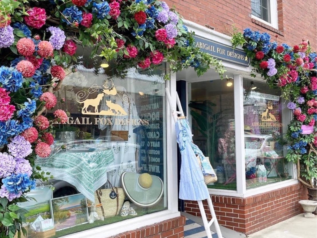 The flower display outside Abigail Fox Designs at 187 Sound Beach Ave. in Old Greenwich.