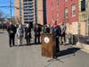 Gov. Ned Lamont speaks at Monday's news conference on Stillwater Avenue in Stamford. He was joined by other elected officials.