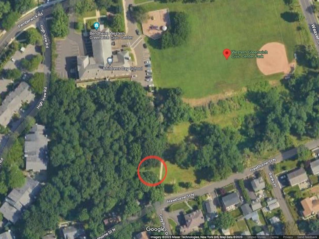The town of Greenwich is considering adding a dog park in Glenville behind the Bendheim Western Greenwich Civic Center. The proposed area is circled in red.